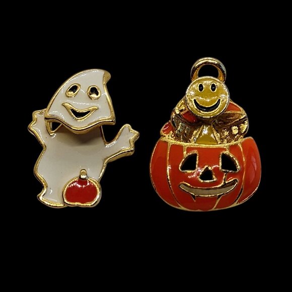 Vtg Lot of 2 Enamel Halloween Ghost & Pumpkin Pins - Picture 1 of 7